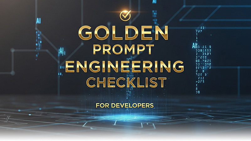 Golden prompt engineering checklist cover for developers, showcasing structured patterns and AI code examples, clean design, tech theme تصویر کاور چکلیست طلایی پرامپت نویسی برای برنامهنویسان، شامل نکات و الگوها