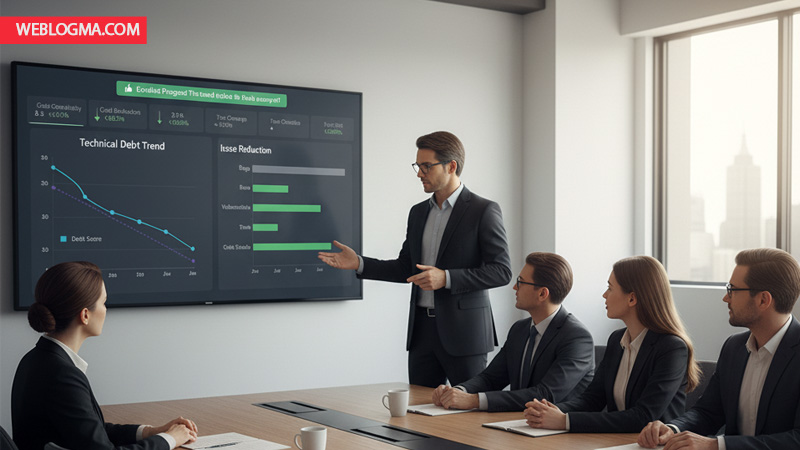 رهبر تیم توسعه در حال بررسی داشبورد کاهش بدهی فنی