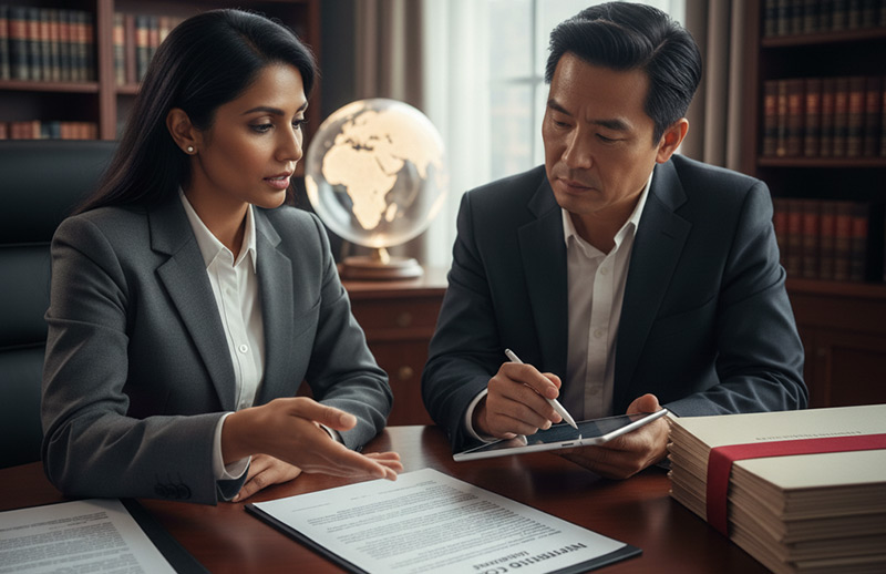 یک وکیل متخصص در حال توضیح پیچیدگی‌های حقوقی یک قرارداد بین‌المللی به یک تهیه‌کننده سینما