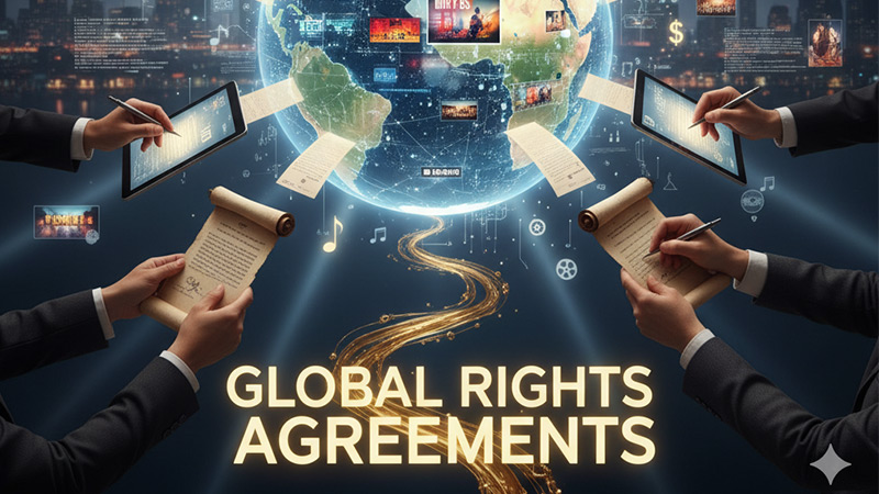 نمای جهانی از بازار خرید و فروش کپی رایت فیلم و سریال، شامل دستانی در حال امضای قراردادهای بین‌المللی